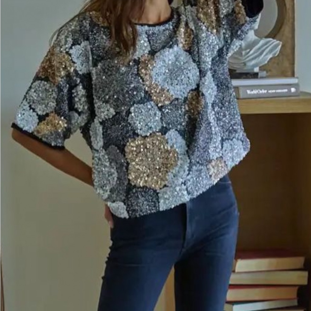 Together Sequin Floral Short Sleeve Top - Silver, Gold, Black